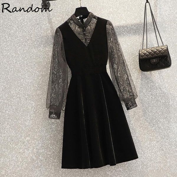 

see through lace black party dress spring fall embroidery long sleeve high waist velvet a-line dresses women plus size casual, Black;gray