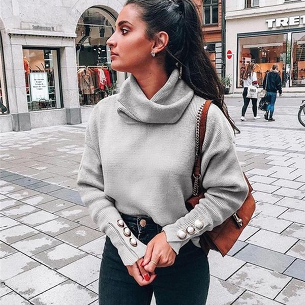

fashion button turtleneck sweater casual thin street women sleeve solid pullovers women's sweaters, White;black