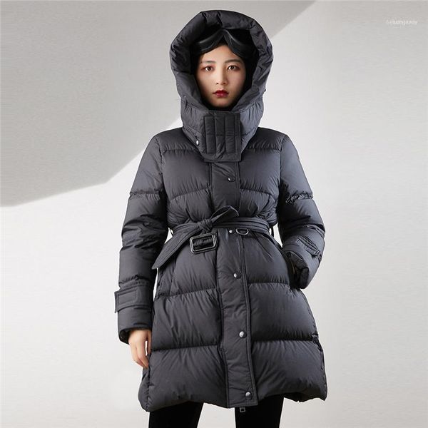 

women's down & parkas 2hooded high waist slim warm coat female 019 autumn winter white duck jacket women belt solid hat thick outerwear, Black