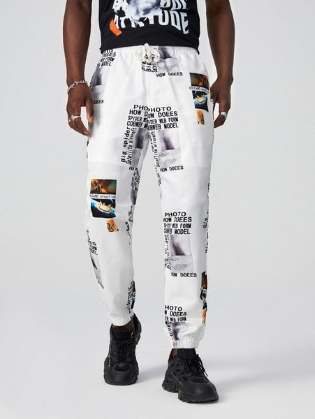 

men knot front slogan & graphic print tapered pants m0yk#, Black