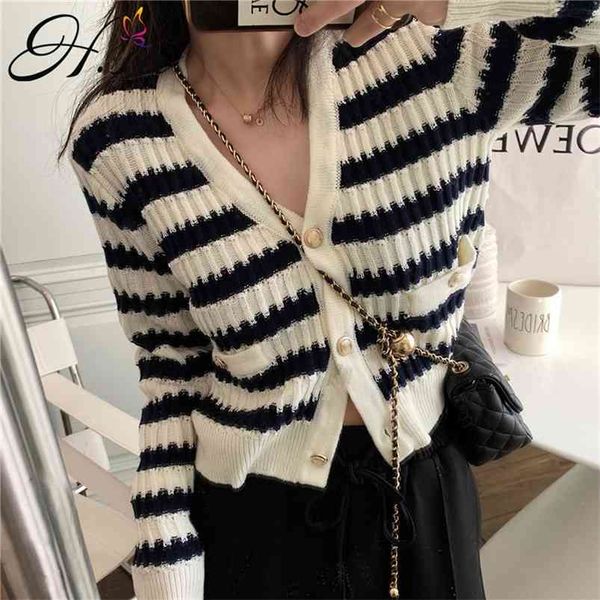 

women casual cardigans short striped knitted jackets black and white button up v neck long sleeve sweater 210430