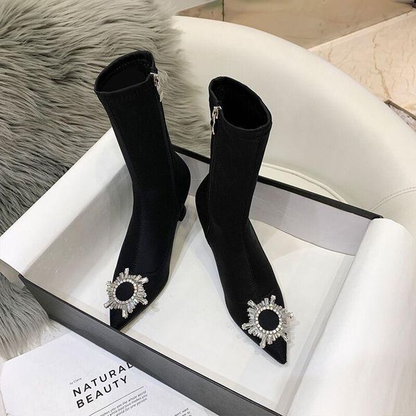 

boots black stretch fabric ankle for women crystal pointed toe high heels shoes woman spike 9cm sock ladies