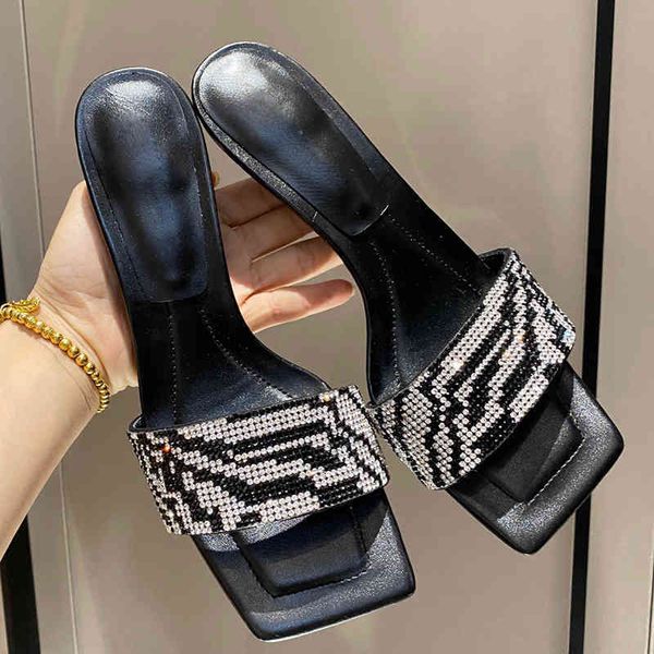 

70% off wholesale sandals flip-flops summer new bling rhinestone letter half slippers fashion square toe heel one strap sandalias net red wo, Black