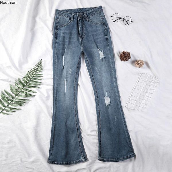 

women's jeans summer mid waist denim korean wash fashion casual pants thin hole elasticity water, Blue