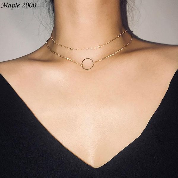

fashion double bead chain hollow circle pendant necklace for women simple personality clavicle necklaces chokers, Golden;silver
