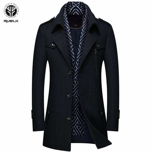

ruelk autumn and winter thick men's woolen windbreaker trench coat scarf collar mid-length woolen coat jacket men coat 211119, Black