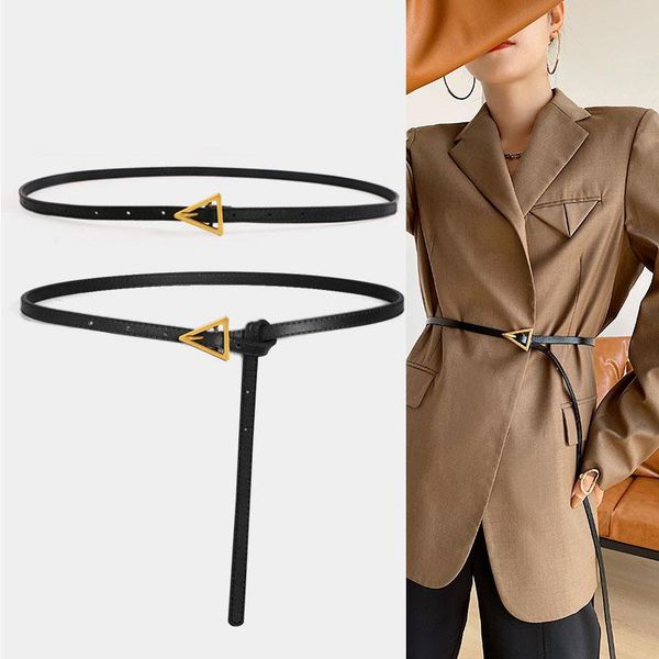 

belts women cowskin belt golden triangle buckle waistband leather black casual thin female trousers dress designer waist strap, Black;brown