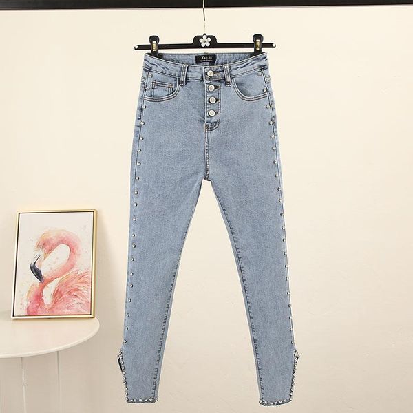 

women's jeans denim pants 2021 spring diamond single breasted high-waisted slim slit lady skinny cowboy trousers, Blue