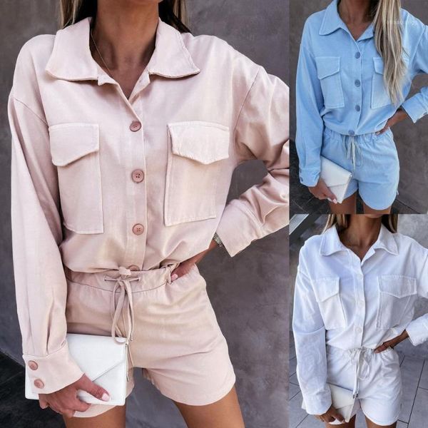 

women's tracksuits comfy chic turn-down collar lace up solid suit two piece set shorts outfits single breasted for going out, Gray