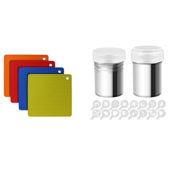 

mats & pads 4 pcs pot coasters silicone holder 2x dredders and coffee cinnamon power powder shaker can