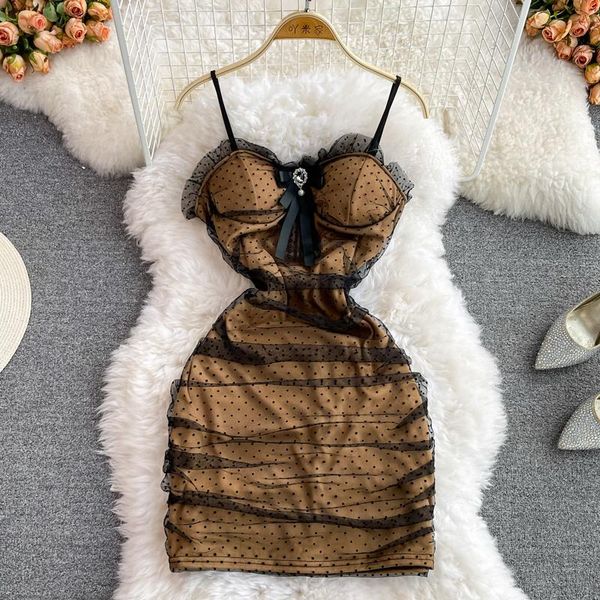 

casual dresses women polka dot mesh patchwork bodycon mini dress spaghetti strap sleeveless bow padded skinny party club vestidos, Black;gray
