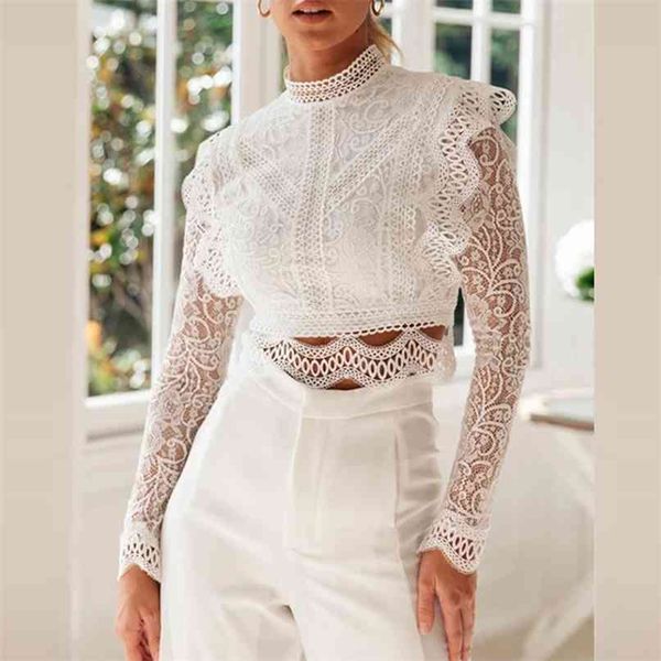 

summer women white lace blouse short long sleeve ruffle shirt 210513