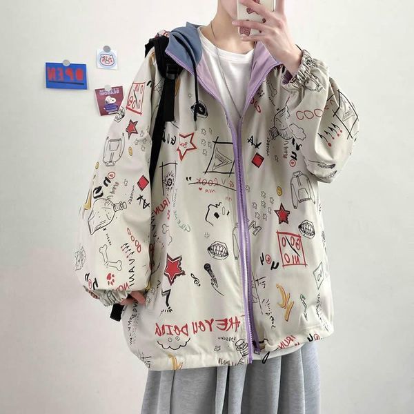 

men's jackets 2021 graffiti devil poster print zipper hooded cotton padded streetwear men women coats harajuku casual, Black;brown