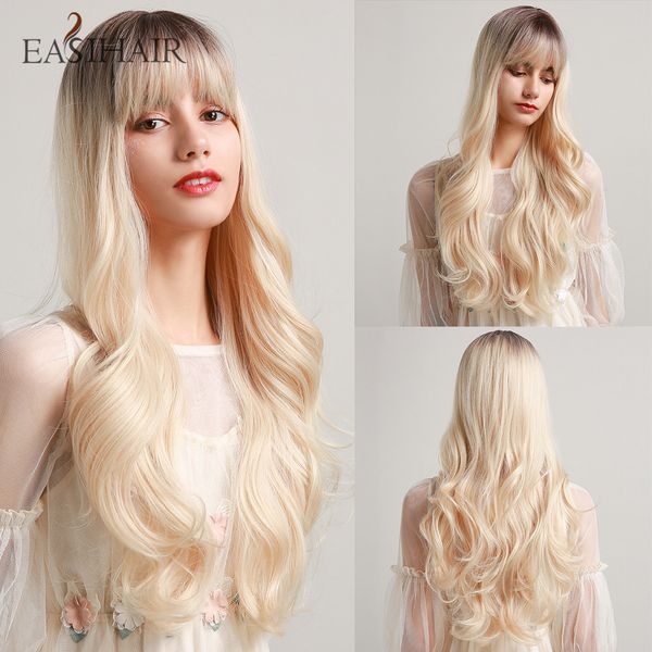 

long wavy brown to light blonde ombre synthetic wigs for women natural hair wig with bangs heat resistant blonde wig, Black