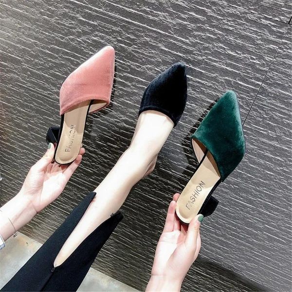 

slippers 2021 summer women's flock thick heel shoes ladies sandals pointed toe mules female high heels slides eu 35-41 black