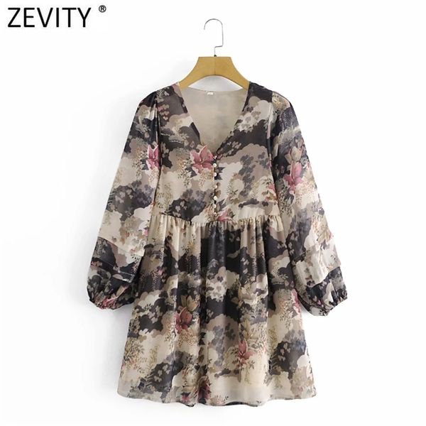 

spring women elegant v neck ink painting flower print casual mini dress female chic lantern sleeve vestidos ds4950 210420, Black;gray