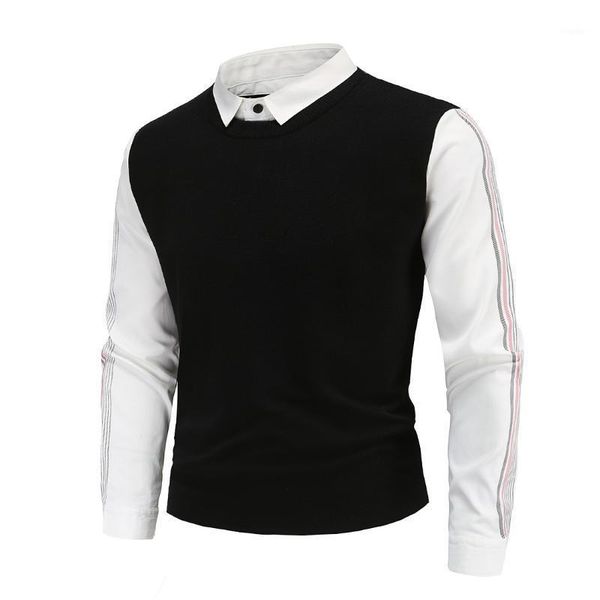 

men's sweaters 2021 autumn and winter fashion casual men spliced stripe lapel slim business sweater, White;black