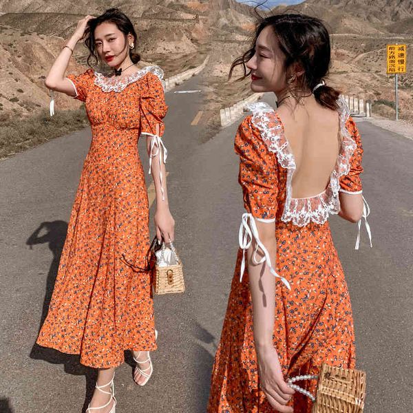 

summer short sleeve hollow out chiffon printing women temperament slim waist party backless dress vestidos clothes 210514, Black;gray