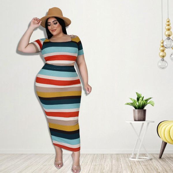 

plus size tracksuits 2pcs set women summer striped printed crop + bodycon skirts elegant vintage matching festival outfits 4xl 5xl, Black