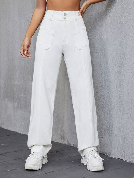 

high waist patched pocket straight leg pants f3fy#, Black;white