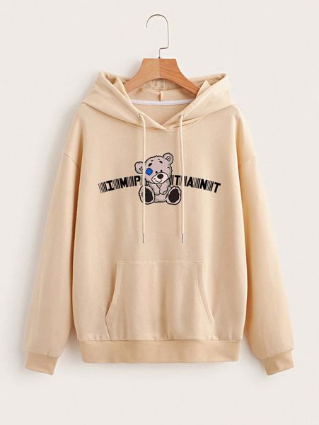 

bear and letter graphic drop shoulder drawstring hoodie o6lt#, White;black