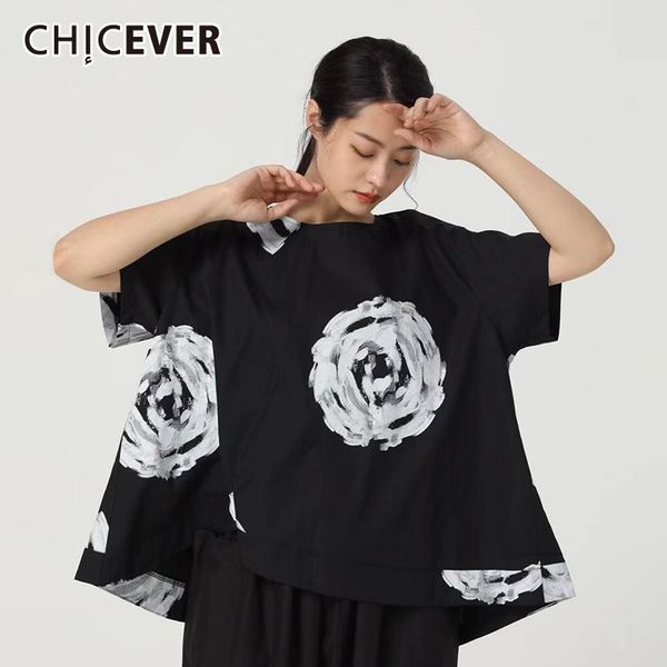 

women's t-shirt chicever white print t shirt for women o neck short sleeve hit color oversize loose shirts female fashion clothing 2021