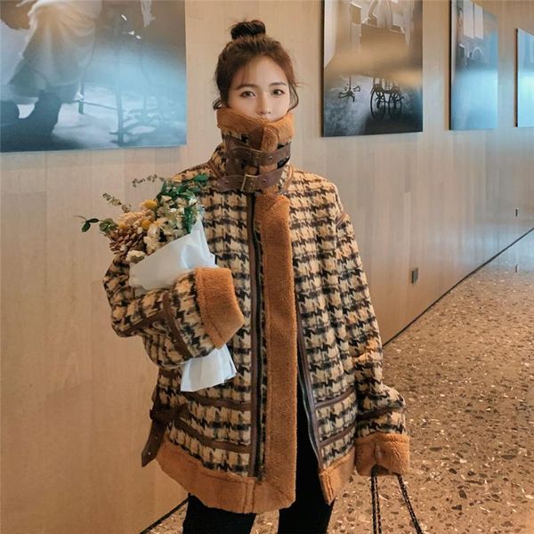 

women's fur & faux winter coat women teddy casual short outerwear ladies warm turn-down collar long sleeve plaid jacket female y412, Black