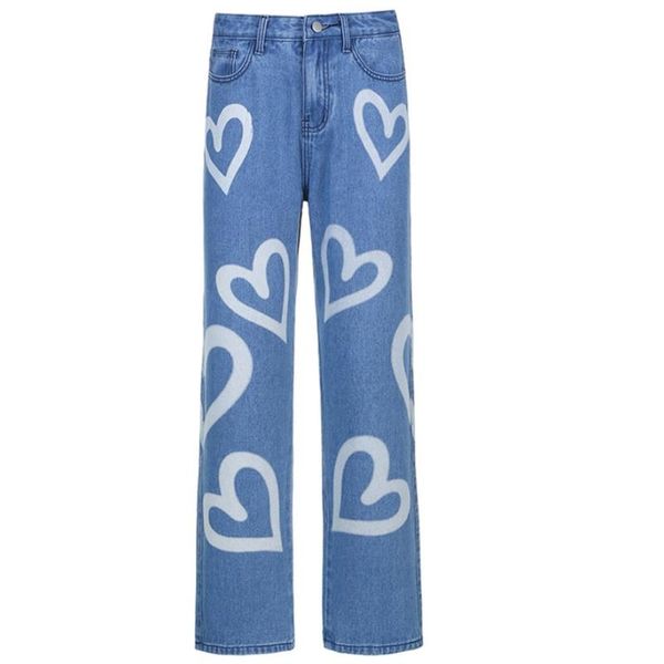 

women high waist straight baggy jeans heart graffiti print 90s denim long pants e56c women's, Blue