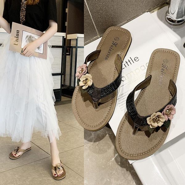

slippers shoes ladies' slipers women rubber flip flops shale female beach low flower flat 2021 hawaiian sabot summer girl soft p, Black