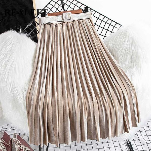 

realeft chic velvet pleated skirts autumn winter high waist women's long with belt korean style female 211109, Black