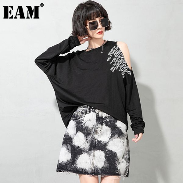 

[eam] women black letter print big size off shoulder t-shirt round neck long sleeve fashion spring autumn 1dd8135 210512, White