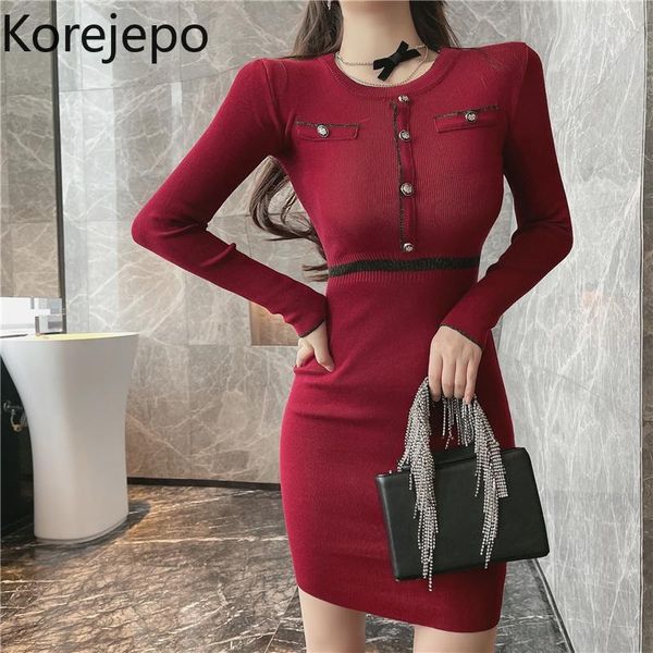 

casual dresses korejepo women knitted dress 2021 autumn french retro temperament o-neck long-sleeved bottoming slimming female, Black;gray