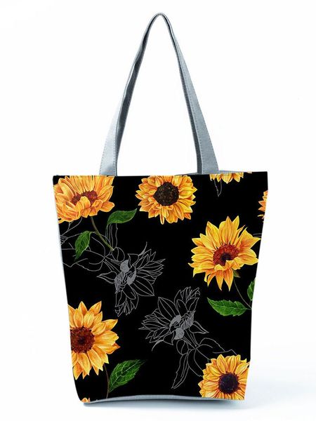 

evening bags retro sunflower printed handbags black eco reusable large women's bag high capacity storage vintage polyester shopping