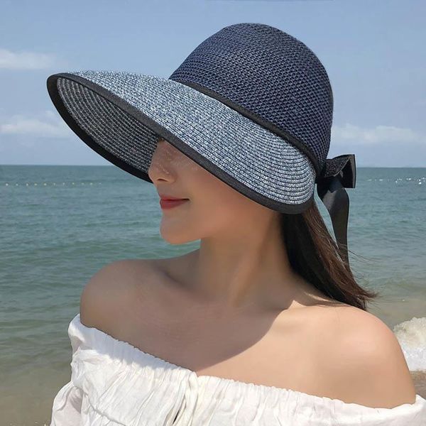 

wide brim hats 2021 summer st hat for women beach cap uv protection visor sun bow korean style panama floppy sunhat, Blue;gray