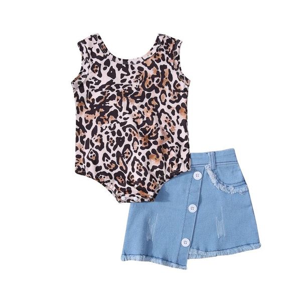 

clothing sets fashion baby girls 2pcs summer outfits suit sleeveless leopard print bodysuit+frayed hem denim skirts little set, White