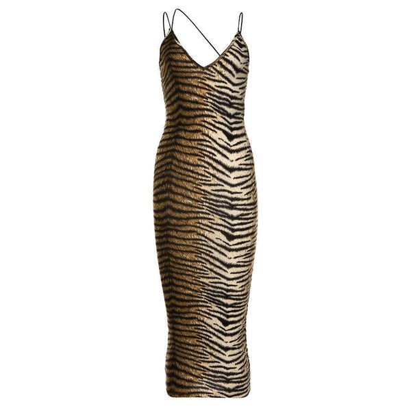 Тигр напечатанный спагетти ремешок длинное платье женщины сексуальные V шеи животные вечеринки клубные одежды карандаш платья лета весна 210608