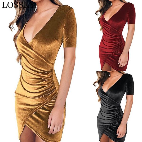 

summer women bodycon velvet mini dress deep v neck short sleeve slim elegant ladies party es vestidos 210520, Black;gray
