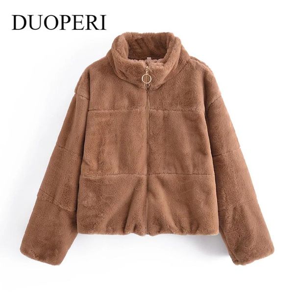 

women's jackets duoperi women fashion solid front zipper jacket vintage long sleeves high neck female coat chic outfit, Black;brown
