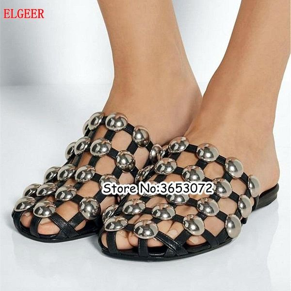 

slippers round toe fashion girls studs rivet rhinestone pom summer outdoor beach slide shoes leather flats, Black