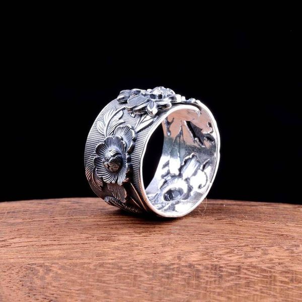 

wedding rings bocai 100% real s990 pure silver ring for female peony flower embossed thai rich and fashionable woman, Slivery;golden