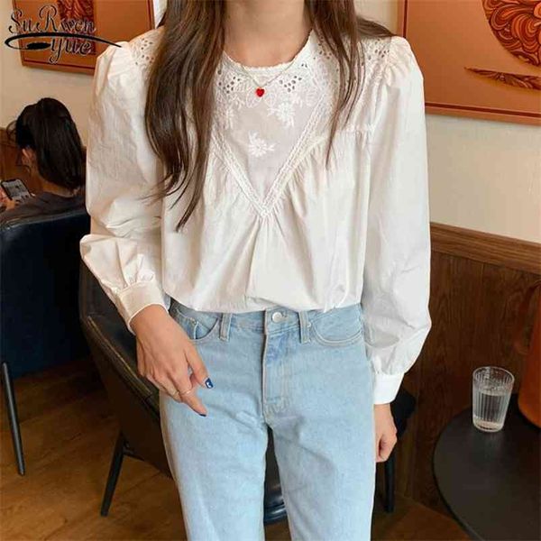 

spring sweet embroidered flower long sleeve women's shirts o-neck loose blouse puff fashion female 13065 210421, White