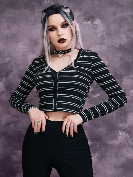 

striped button front crop tee 36ow#, White
