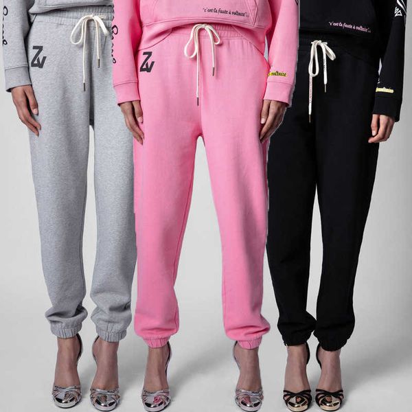 

women's pants autumn and winter 21 new french style zv letter printing drawstring elastic waist cotton light fleece guard pants women&#, Black;white