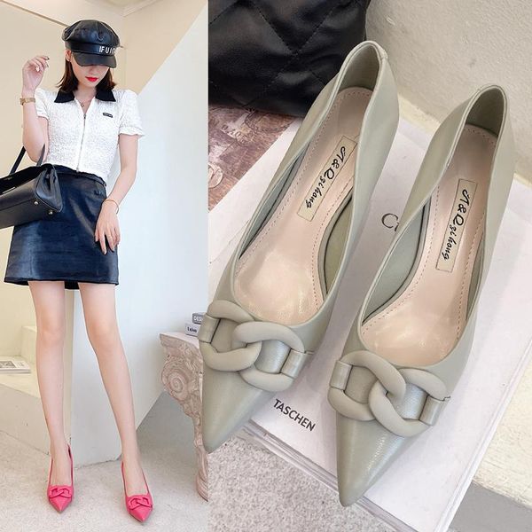 

dress shoes high heels women's stiletto pointed toe metal chain single 2021 summer style korean comfortable, Black