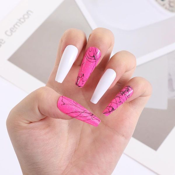 

false nails 24pcs t-shaped ballerina fake nail jelly gum sequins brushed coffin tip full coverage art beauty sticker, Red;gold
