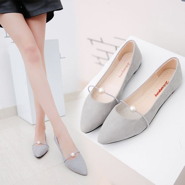 

casual shoes women solid color suede flats heel pearl casual basic pointed toe ballerina ballet flat slip on shoes, Black