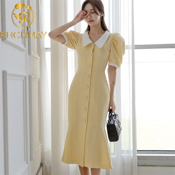 Verão coreano amarelo vestido mulheres Único breasted bodycon slow manga lápis slim peter pan colar 210506