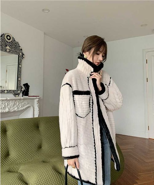 

women's fur & faux arlenesain 2021 design real mink mid-long women jacket, Black