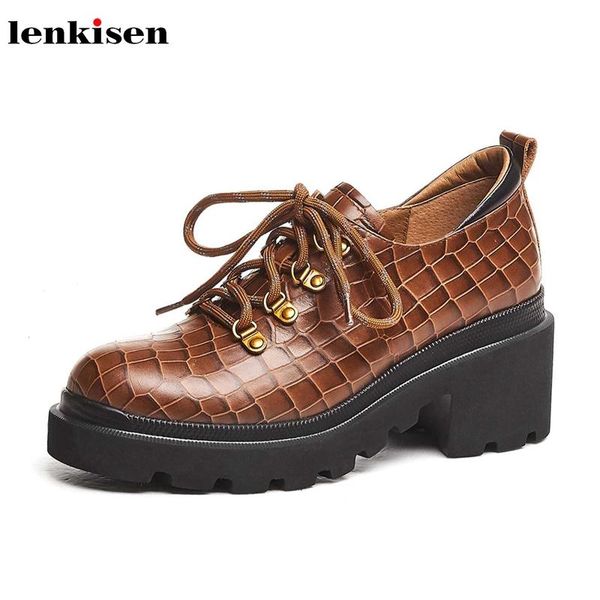 

dress shoes lenkisen fashion preppy style real cow leather print lace up round toe high heels thick bottom metal fasteners women l18, Black