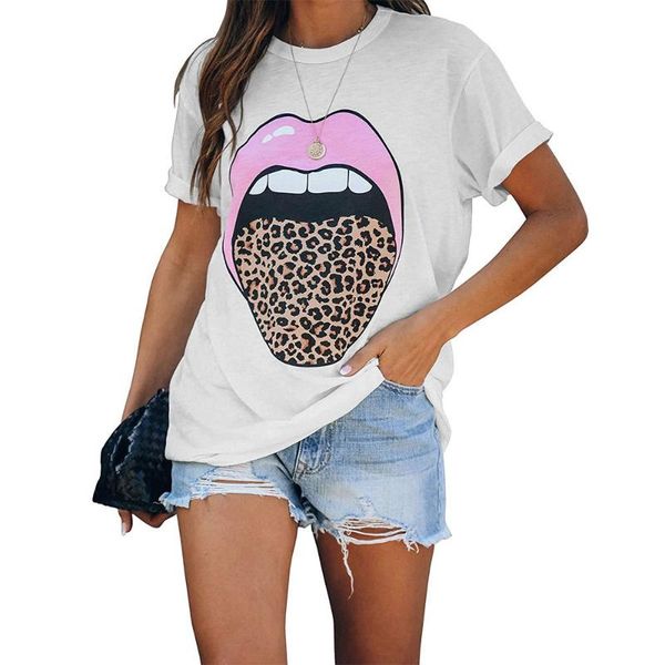 

women's t-shirt t-shirts 2021 summer in europe and the female coat leopard printed pink lips round collar short sleeve, White